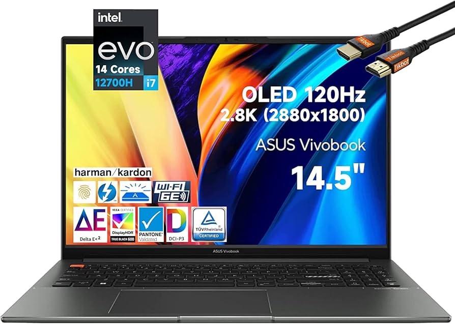 ASUS 2022 Vivobook S 14X 14.5 OLED 2.8K 120Hz 16:10 600nits Laptop, Intel  Evo 12th Gen i7-12700H 14 Cores, 100% DCI-P3 Pantone, Backlit KB, Wi-Fi 6E,